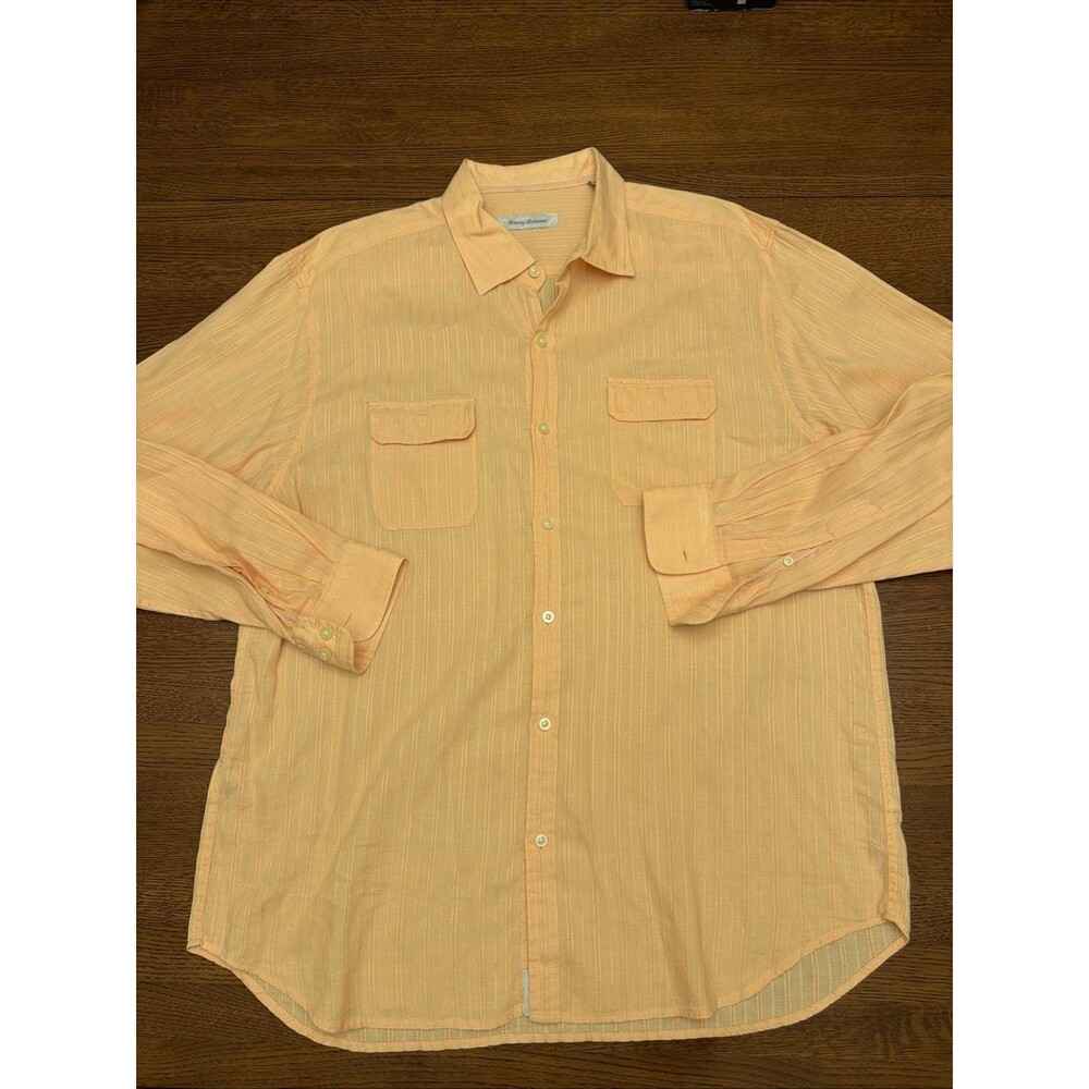 Tommy Bahama Button Up Mens XL Peach Textured Stripe Linen Blend L/S Shirt